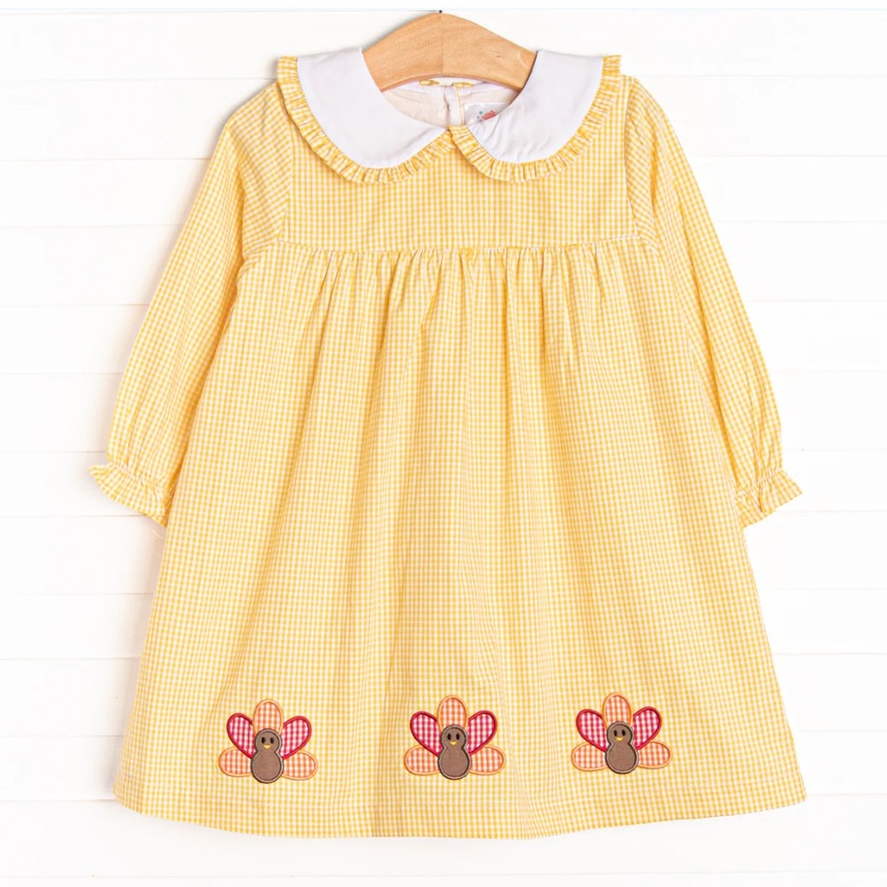 Yellow Gingham Kids Dress with Embroidered Turkeys